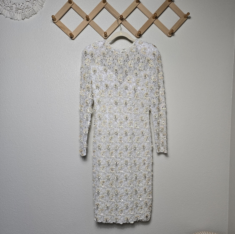 Vintage Black Tie Heavily Flower Beaded  Long-Sleeve V-Back Midi Formal Dress 8